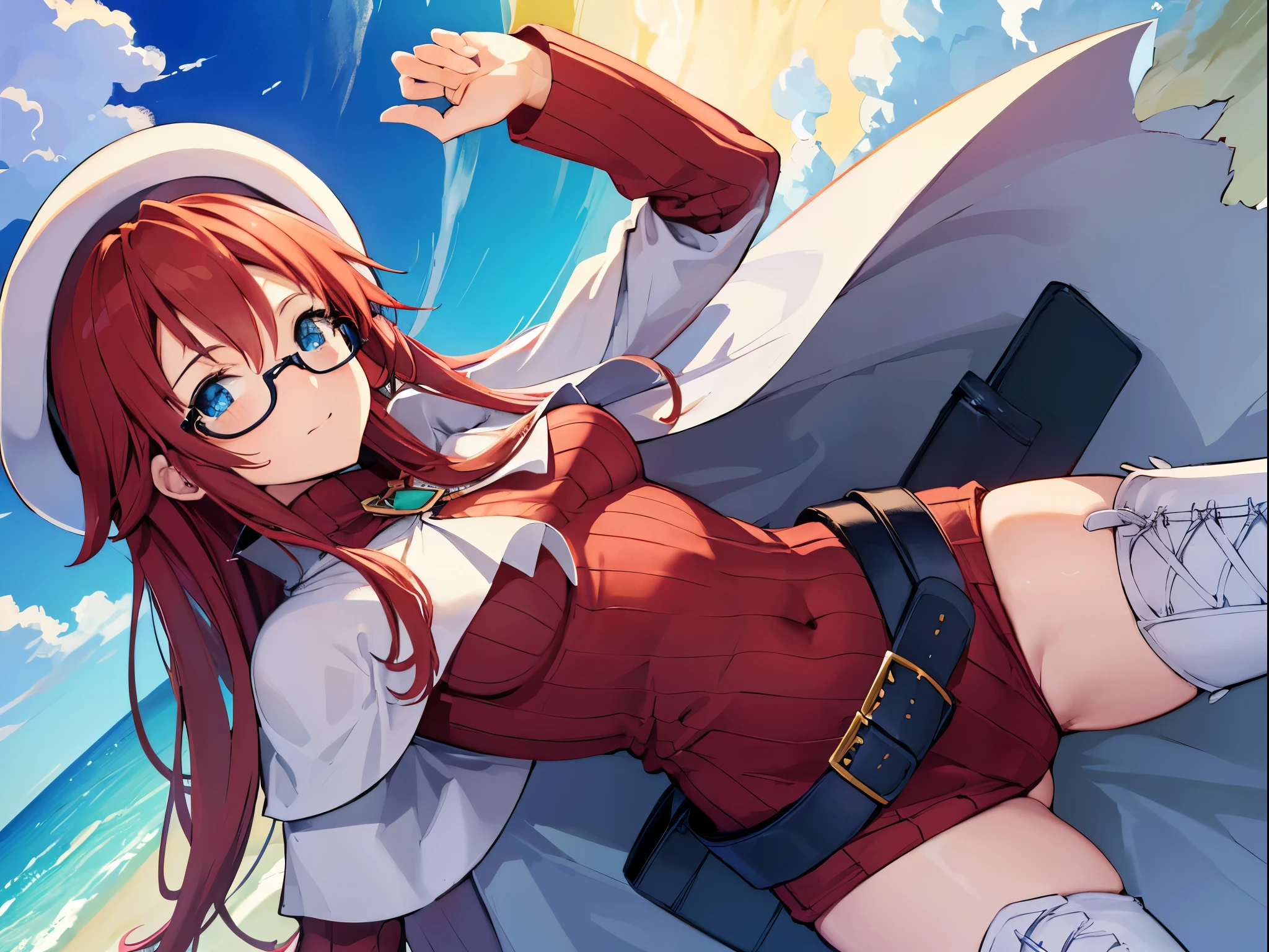 summonnightaty, aty, (young:1.3),long hair, blue eyes, red hair, big_tits, hat, glasses,
BREAK long hair, thighhighs, hat, dress, naked_legs, glasses, belt, cape, sweater, zettai ryouiki, beret, thigh boots, white footwear, ribbed sweater, loose belt,solo,
BREAK outdoors, fantasy,on_beach,
,Highquality_hads,perfect_fingers,
BREAK (masterpiece:1.2), best quality, high resolution, unity 8k wallpaper, (illustration:0.8), (beautiful detailed eyes:1.6), extremely detailed face, perfect lighting, extremely detailed CG, (perfect hands, perfect anatomy),covered_nipples,covered_navel ,half_eyes,long_sword,sleepy,red_sweater,apart_knees,magical_effect,spread_legs, have_a_book,teacher,rise_knee,Smile,rise_hand,look_down_viewer,spread_arms,sea​_waves,looking_into,blue_sky,plump,open_mouthdynamic_posing