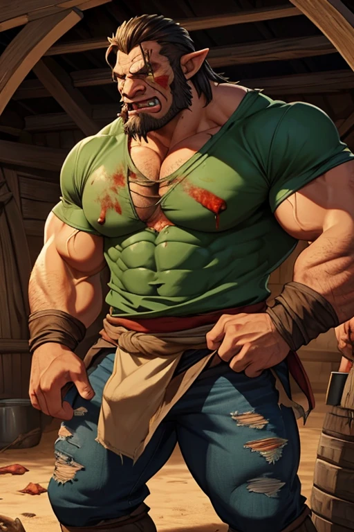 Medieval fantasy Human prisoners in an Orc village butchering a freshly hunted boar for the tribe to cook later. Skin turning dark green. Sweat. Muscles. Dirt. Worn clothes. Torn clothes. Worn and torn shirt. Bloody hands. Blood-stained clothes. Prominent mouth tusks. Crotch bulge. Bulging crotch. Growing muscles. Round ears. Drooling over raw meat. "Meat ... hungry.... Eat...." Brute. Orc. Assimilation. Brainwashing. Giving in. Instinct. Dumber. Hyper muscles. Hyper bulging crotch. Loin cloth.