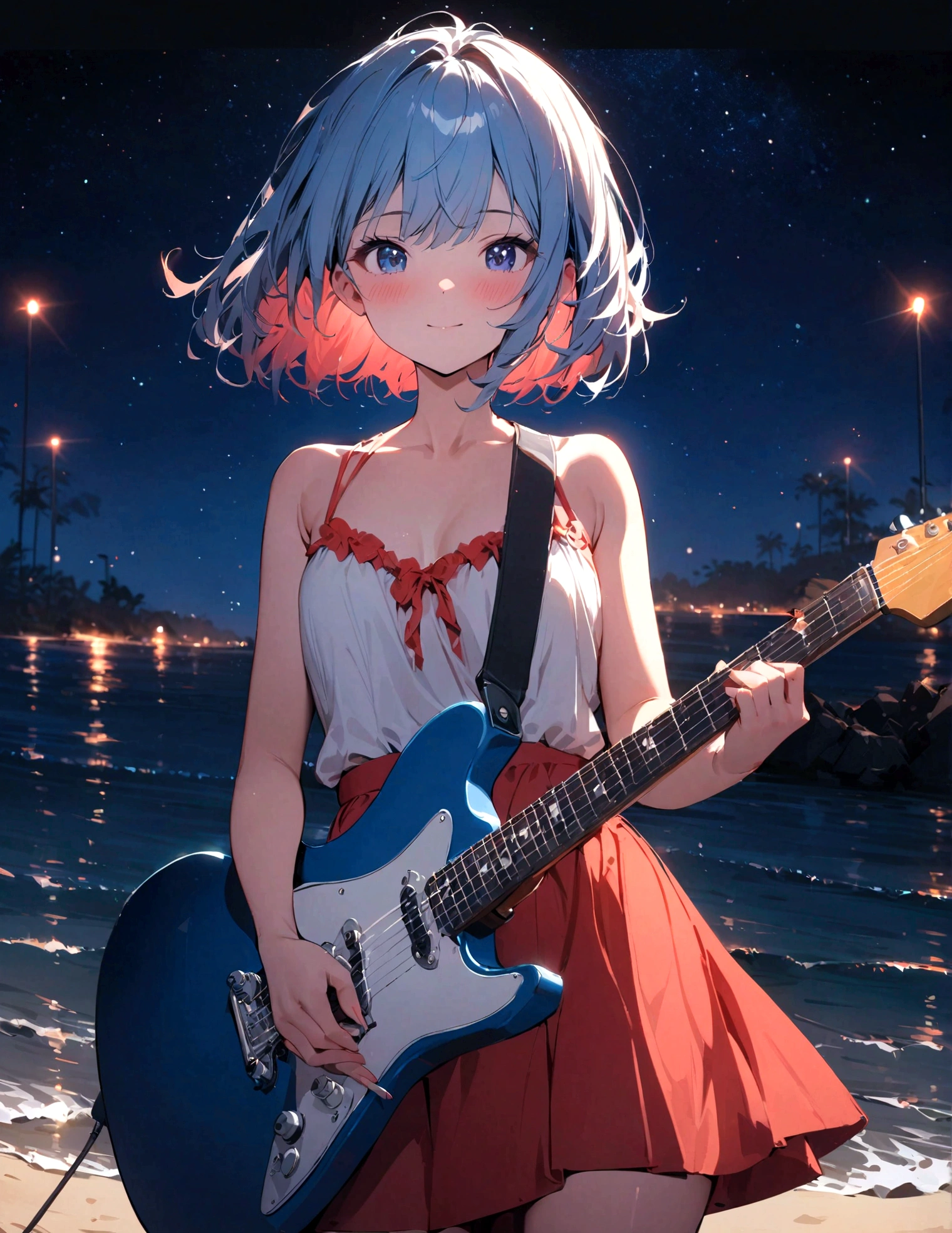 night, Parties, On stage, 1 Girl, holding electric guitar, clavicle, beach, Starry Sky, masterpiece, best quality, High resolution, Fine details,