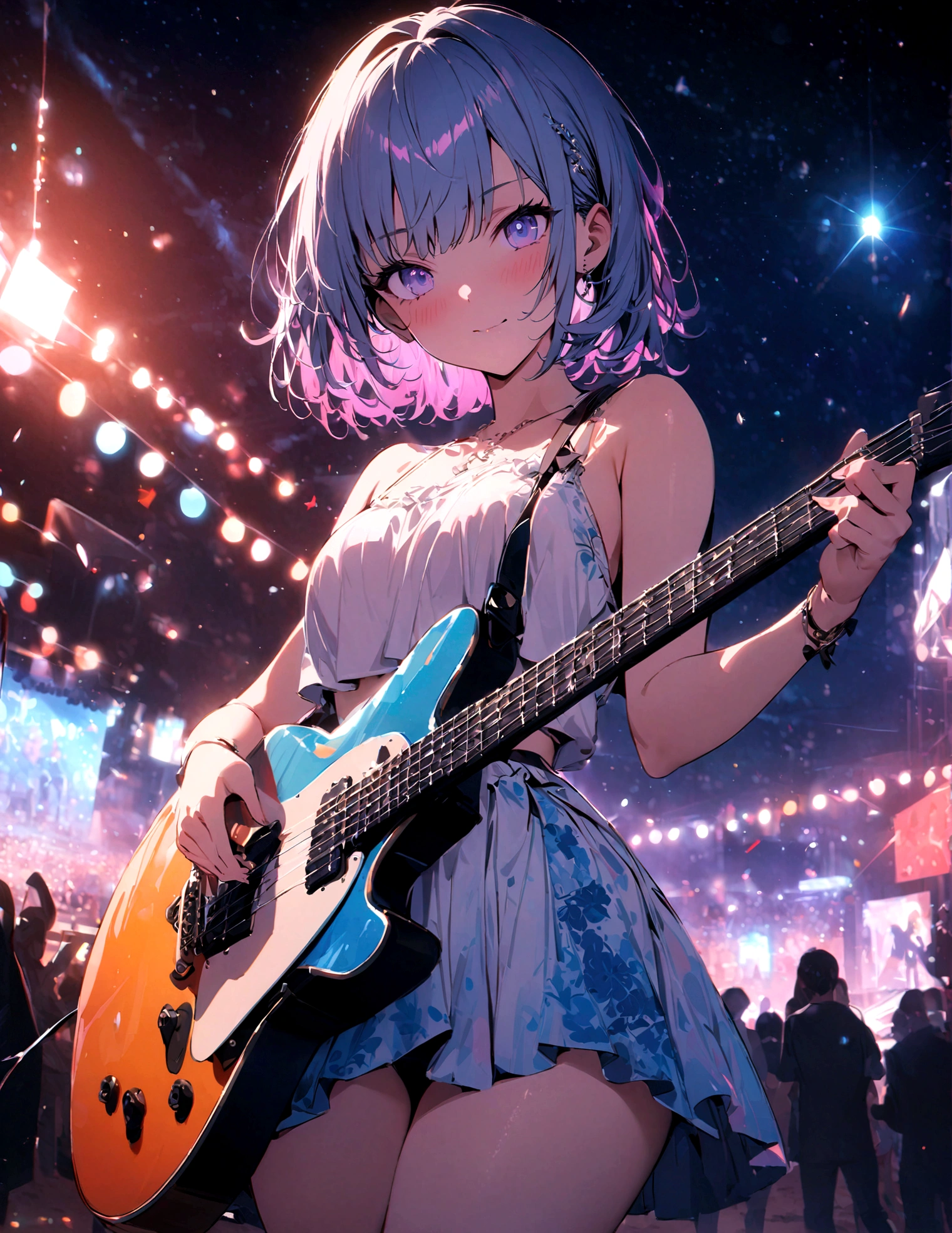 night, Parties, On stage, 1 Girl, holding electric guitar, clavicle, beach, Starry Sky, masterpiece, best quality, High resolution, Fine details,