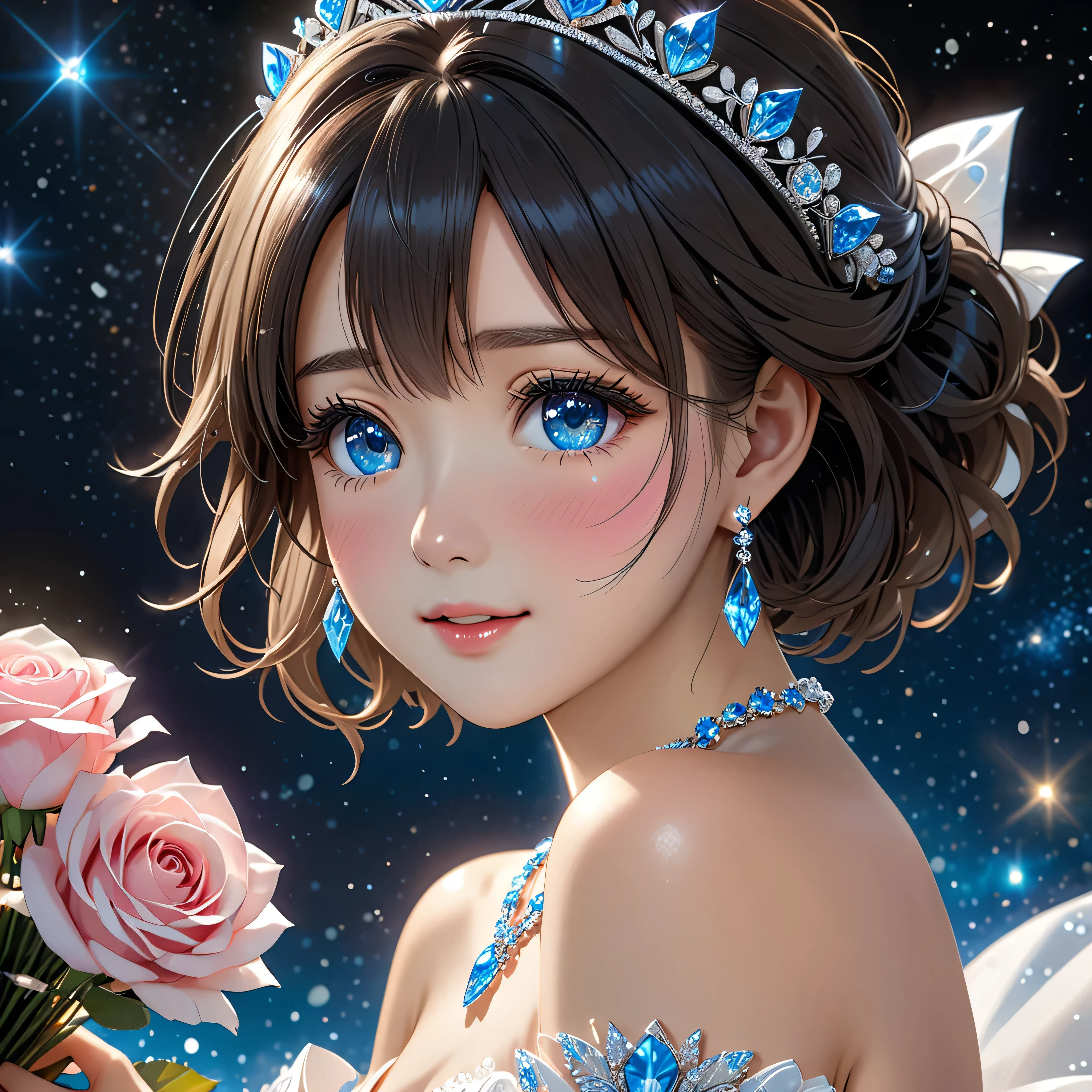 National Science Foundation,masterpiece,High resolution,8K,Art,digit,Three-dimensional,Realism,Kyoto Animation Style,your name movie style,cute,baby face,look into camera,Complex blue crystal background,(1 female: 1.3),(alone: 1.4),(Gorgeous sparkling white wedding dress),(Blue Swarovski crystals on wedding dress),Gorgeous blue crystal tiara,Blue crystal necklace,Sapphire crystal earrings,Blue crystal ring,Hand holding bouquet of pink roses,Long eyelashes,Long thin legs,Short Bob,Close-up of upper body,Close-up,Close up,Starry sky at night,Eyes as deep as the starry sky,blush,shy,Crying because of happiness