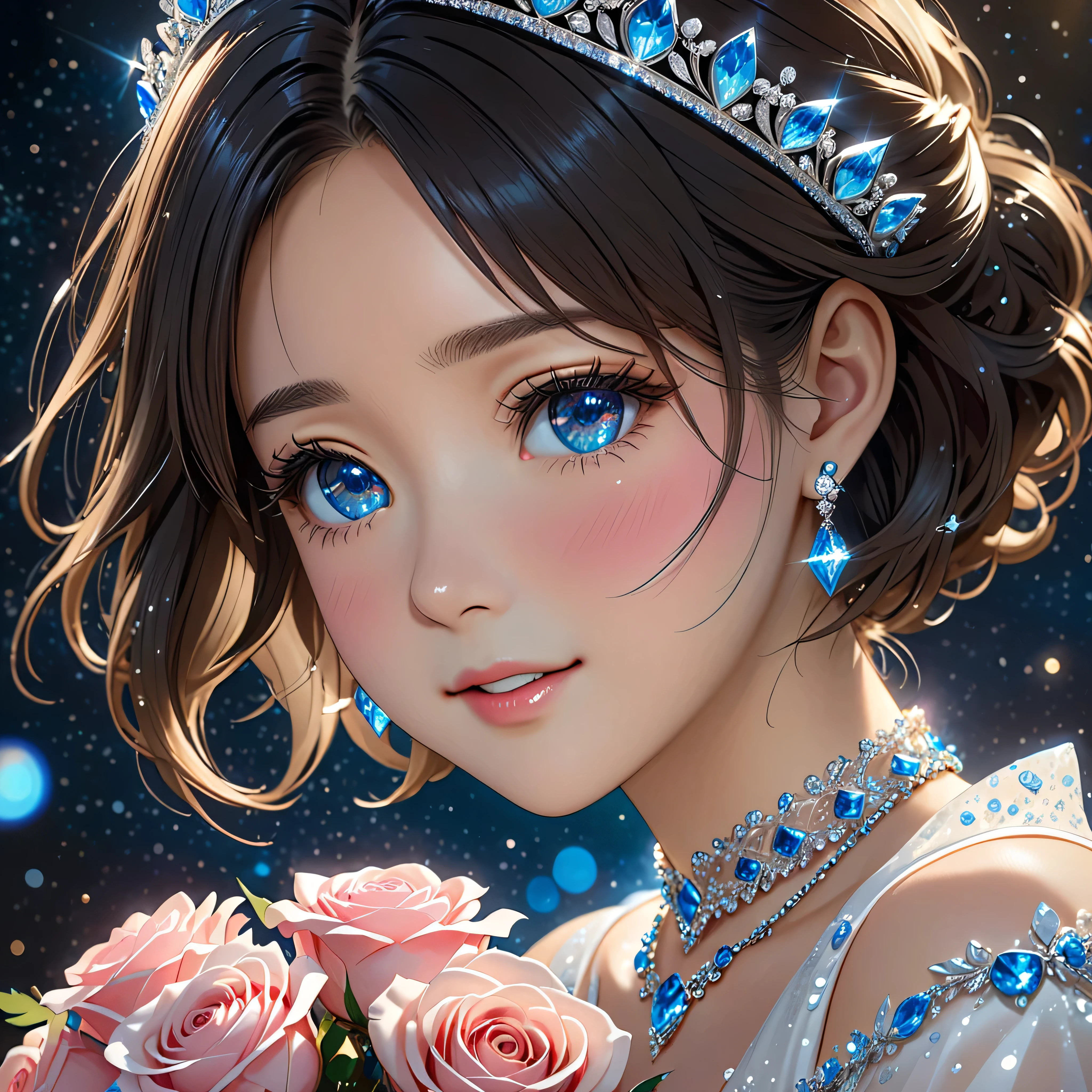 National Science Foundation,masterpiece,High resolution,8K,Art,digit,Three-dimensional,Realism,Kyoto Animation Style,your name movie style,cute,baby face,look into camera,Complex blue crystal background,(1 female: 1.3),(alone: 1.4),(Gorgeous sparkling white wedding dress),(Blue Swarovski crystals on wedding dress),Gorgeous blue crystal tiara,Blue crystal necklace,Sapphire crystal earrings,Blue crystal ring,Hand holding bouquet of pink roses,Long eyelashes,Long thin legs,Short Bob,Close-up of upper body,Close-up,Close up,Starry sky at night,Eyes as deep as the starry sky,blush,shy,Crying because of happiness