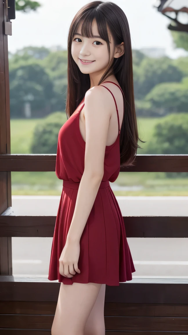 one beautiful girl、Dark red camisole, A dark-haired、 schools、early morning、ars、cute smile at the viewer, arms at sides, standing straight,
