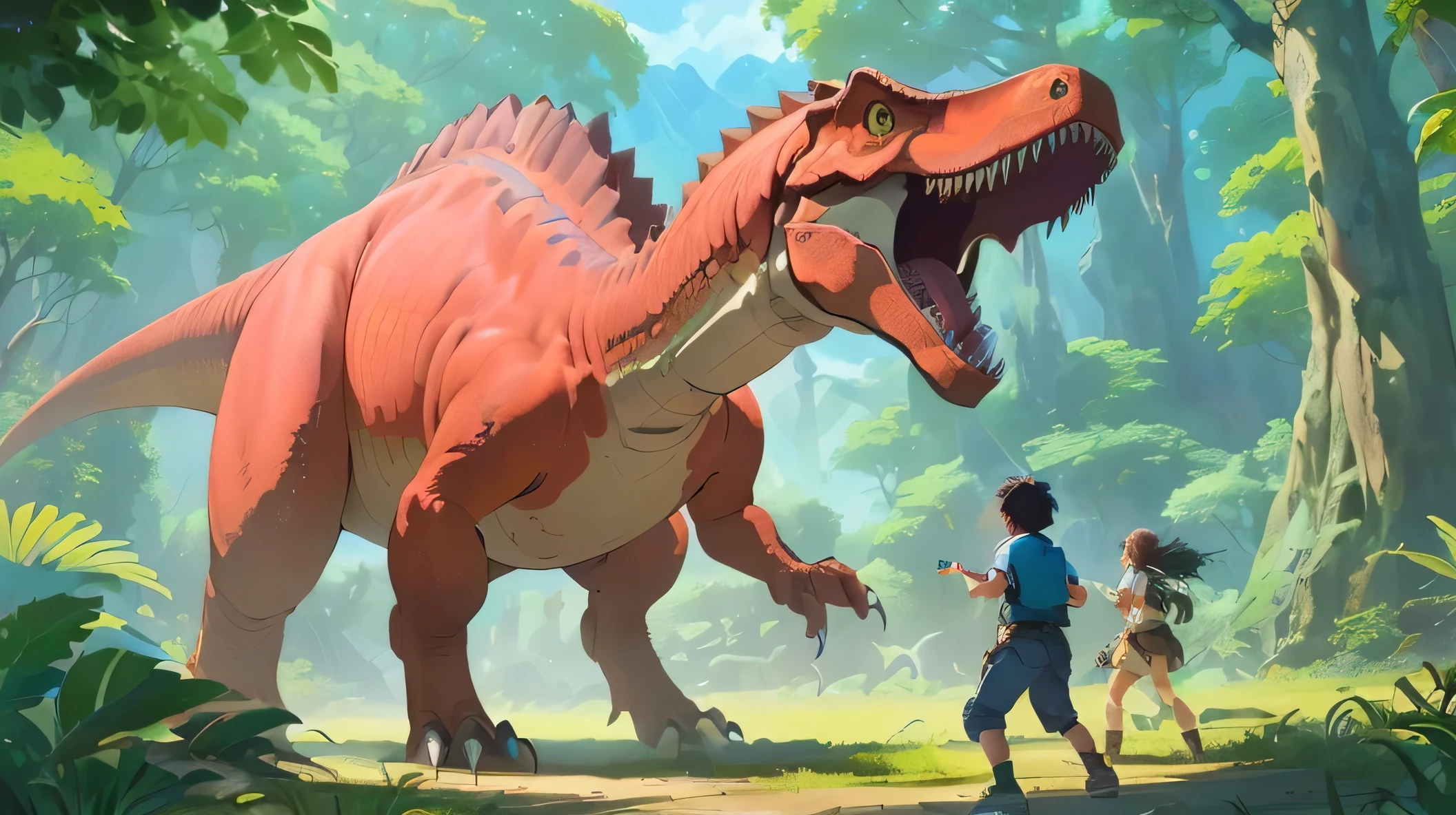 a young boy and a young girl standing in front of a dinosaur, zoids art, jurassic era imagery, official concept art, tyrannosaurus rex, artstation children's art, dinosaur age, dinosaurs, highly detailed official artwork, tyrannosaurus rex, tyrannosaurus rex, triceratops, role-playing game art