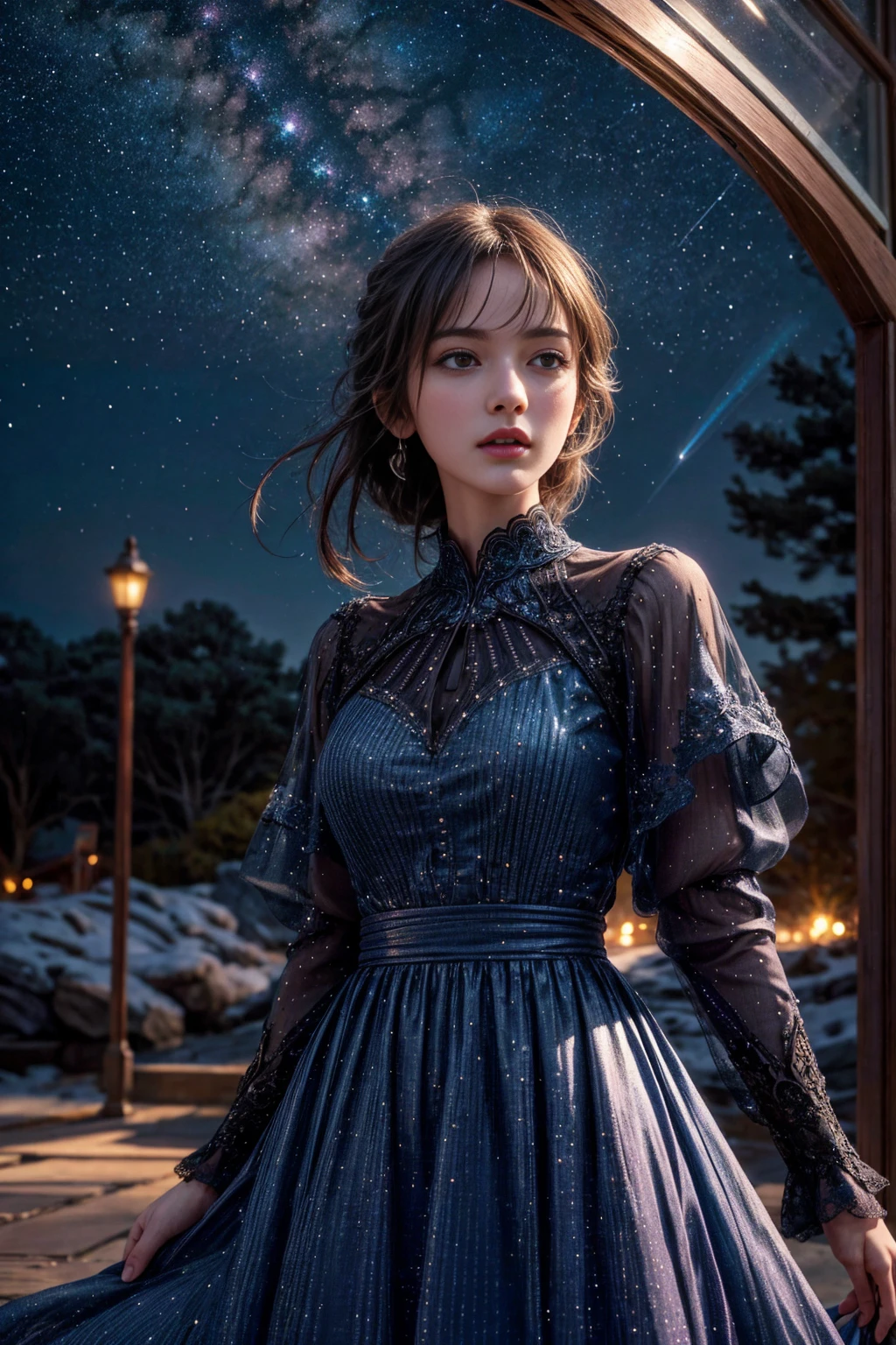 A starry sky, Meteors, Beautiful night sky,Girl looking up at the sky, Long Shot, Wide Shot, character focus, ray tracing, Super realistic photographic cinematic image 8K ULTRA HD HDR, magical photography, super detailed, (ultra detailed), (top quality, best quality, super high quality image, masterpiece), standard lens,  dramatic lighting, 8k, UHD, intricate detail, (gradients), comprehensive cinematic, colorful, visual key, highly detailed, extreme detailed, hyper-realistic, (very detailed background, detailed landscape), delicate details, raw image, dslr, 
