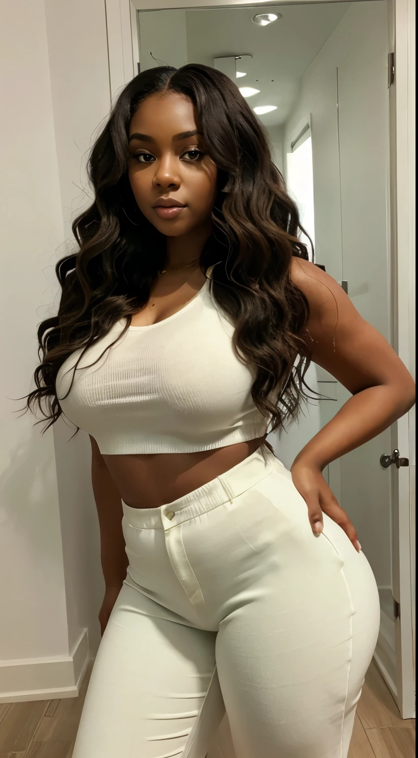 Black girl , wavy hair , big eyes , brown eyes , thick body, sexy curvy model body ,real human , real girl ,wearing a white and green sexy casual outfit