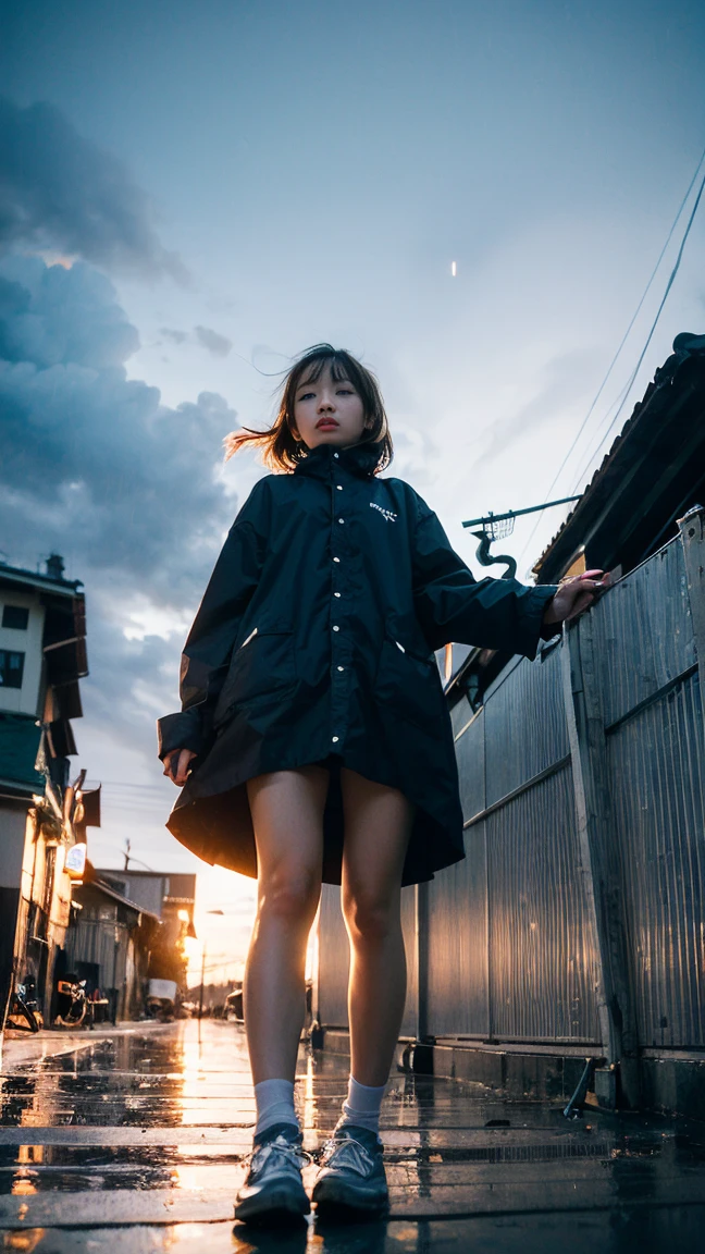 ((crane))、Rainy Sky、((1girl)),from below