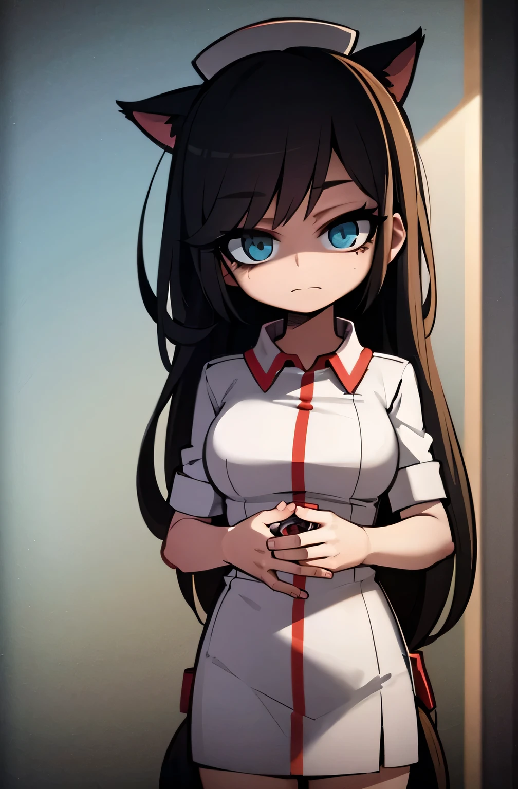 long hair, low-tied long hair, nurse cap, eyeball, wide eyes, cat ears, makeup, Surrealism, Surrealism, Contemporary art, Realism, image fill, silhouette, chiaroscuro, first-person view, f/1.8, UHD, masterpiece, 16k, 8k