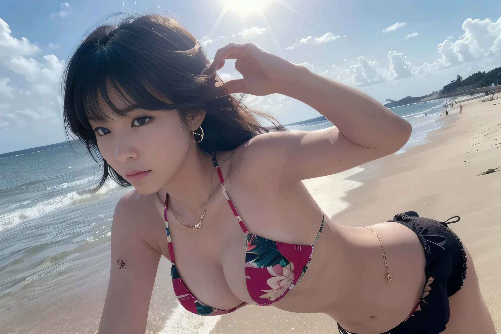 real dark swimwear,realistic,(ultra quality:1.2),high quality,masterpiece,(ultra detailed:1.4),japanese girl,beautiful face,(real bra:0.1),((beach side)),(small hip:1.4),(slender:1.4),highres,(2 worman:1.4) ,Necklaces, rings, earrings, watches, jewellery,2 lady