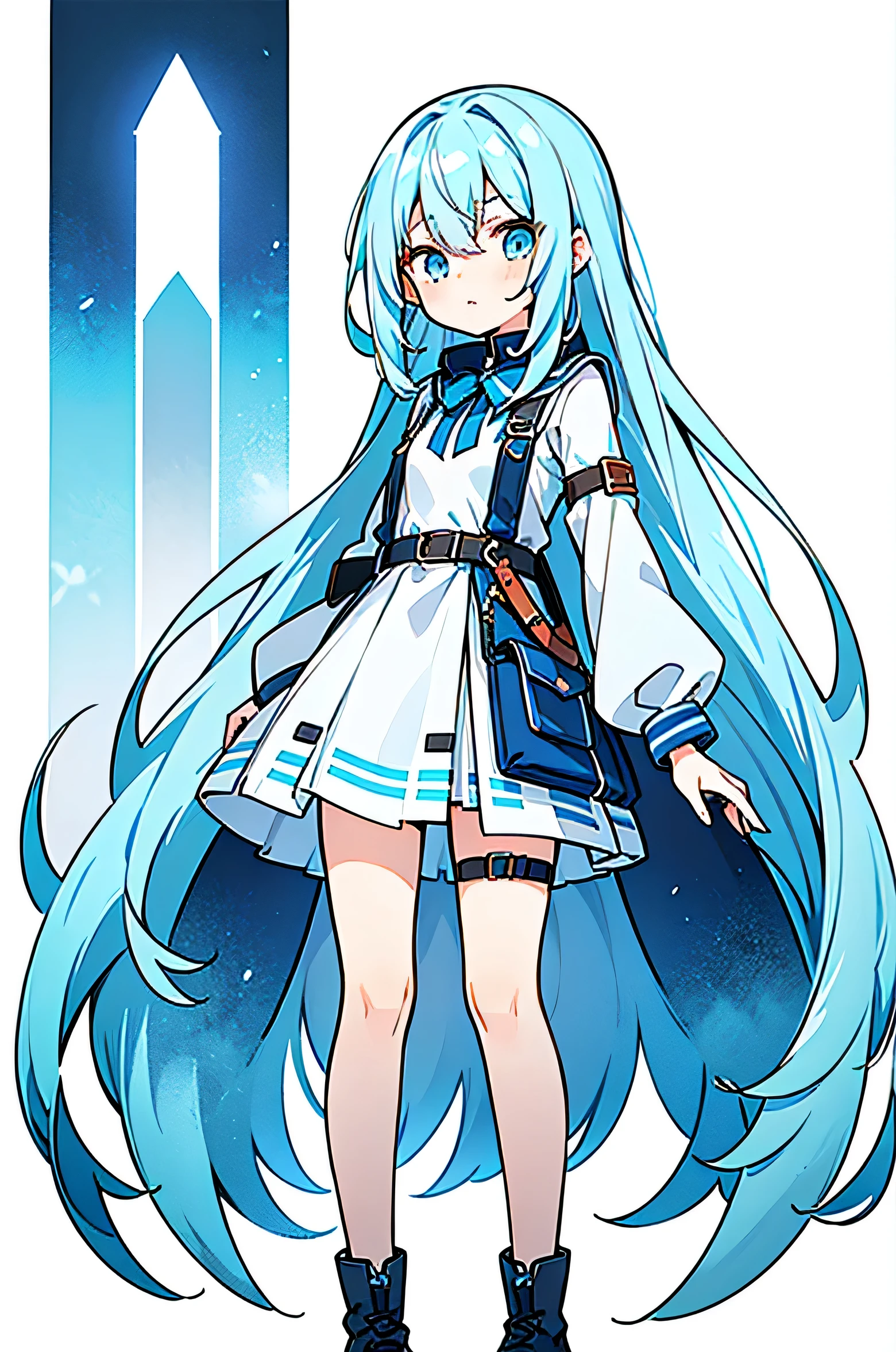 (Long Hair,Light blue hair),((Lori,Teenage Girl)),(Short dress,Thigh belt,)White background,Standing posture,Fleeting Expression