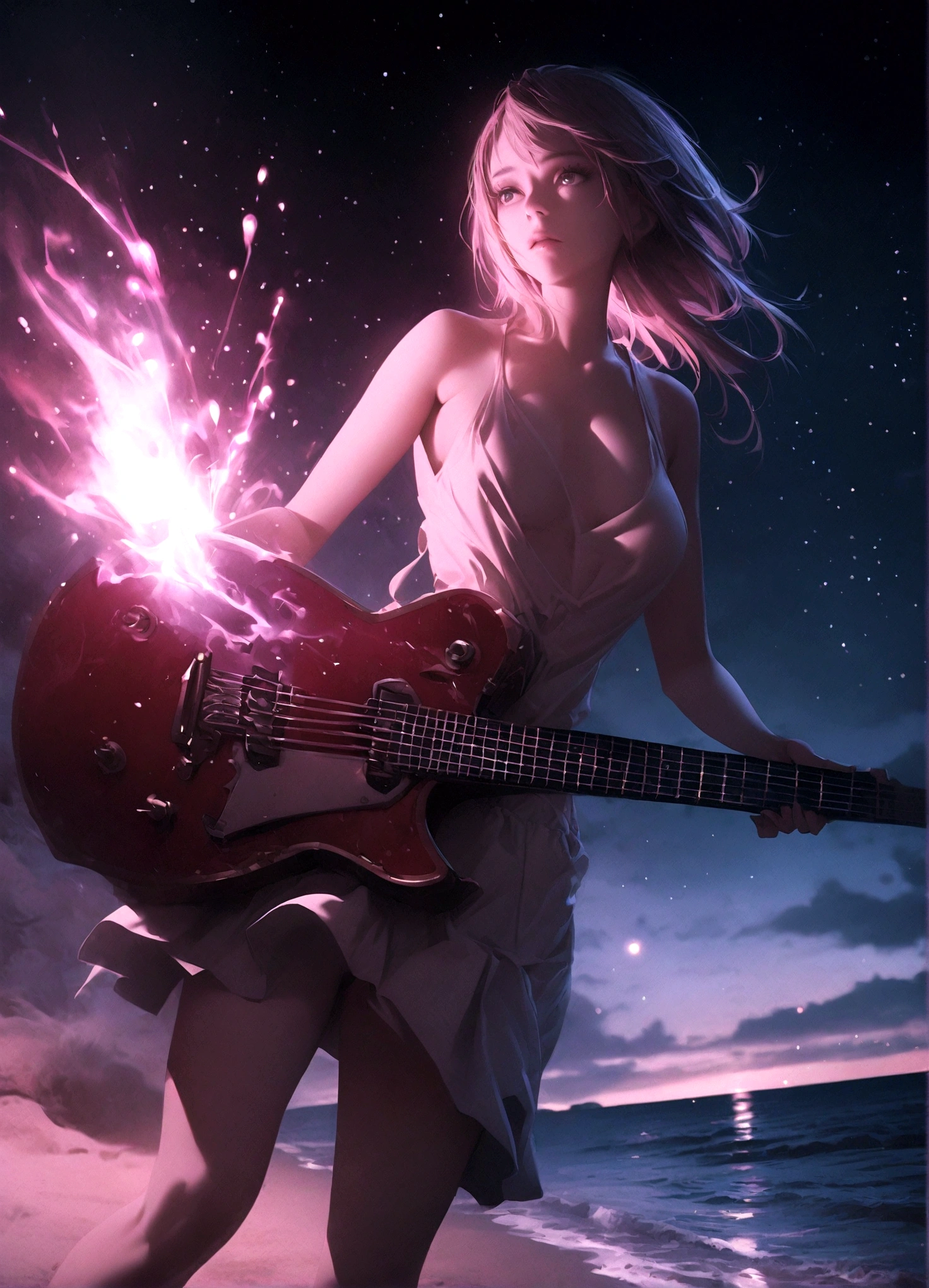 night, 1 Girl, holding electric guitar, clavicle, beach, Starry Sky, fantasy, magic, mystery, Ethereal, sublime atmosphere, dreamlike, Dramatic Lighting, high quality, Octane Rendering, Epic scene, 