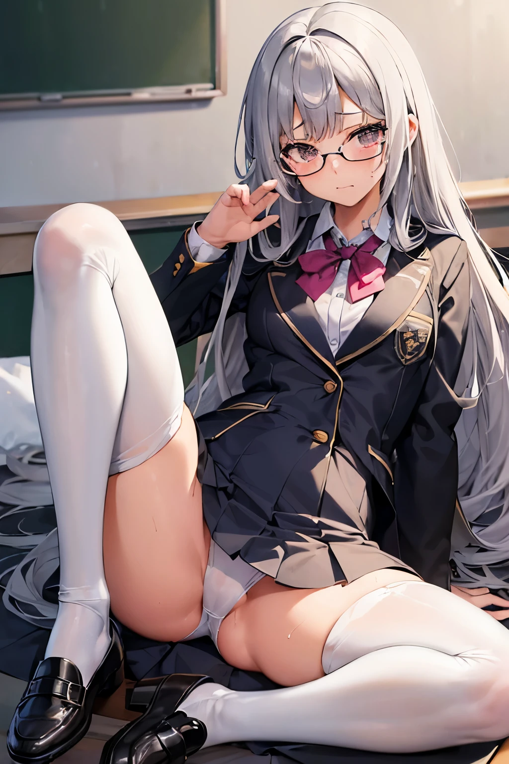 1 cute girl,silver long hair,(school costume:1.7),chouse,blazer,black glasses,Loafer, (zettai ryouiki),flat breast,(crying:1.1),nsfw,(show off wet white panty),Sitting with Knees Up on sofa at living, spread legs