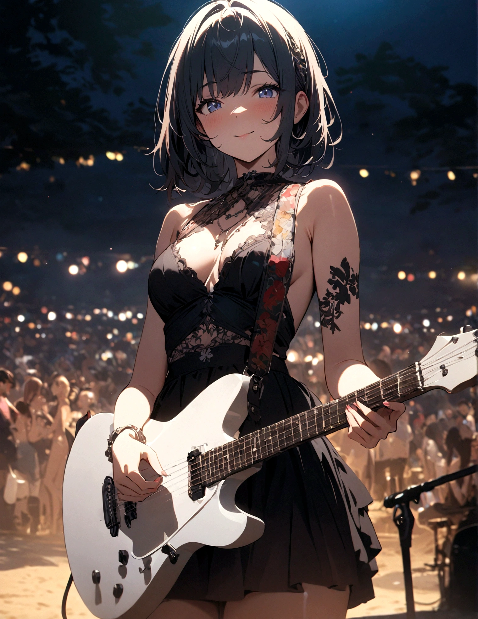 night, Parties, On stage, 1 Girl, holding electric guitar, clavicle, beach, masterpiece, best quality, High resolution, Fine details,