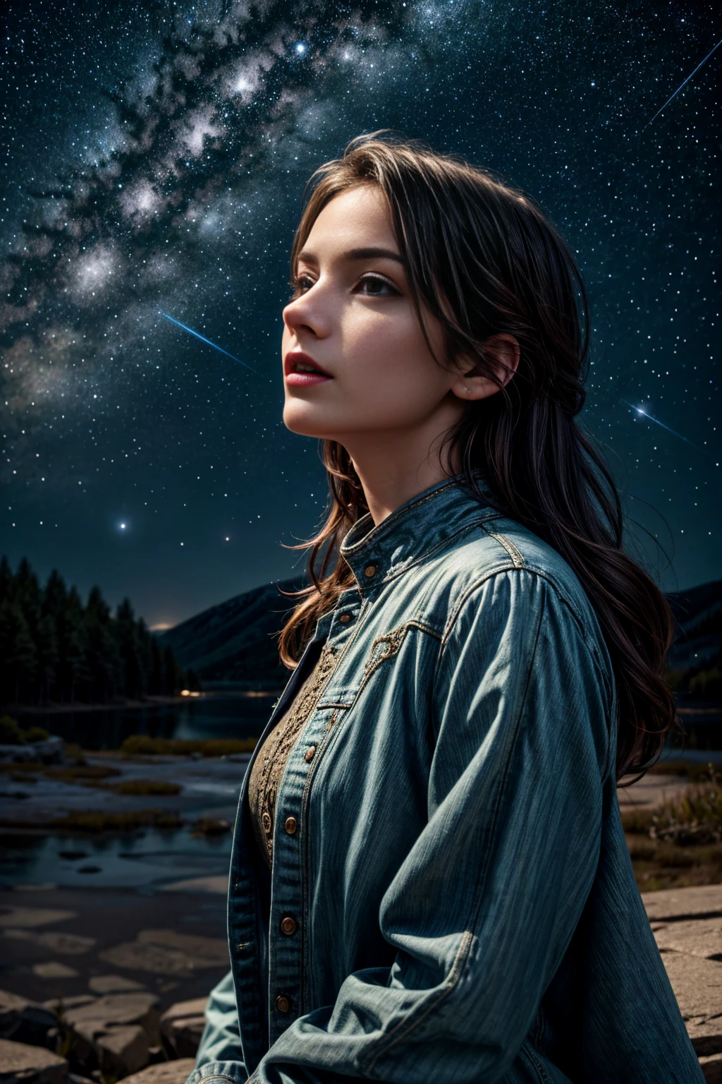 A starry sky, Meteors, Beautiful night sky,Girl looking up at the sky, Long Shot,Wide Shot, character focus, ray tracing, Super realistic photographic cinematic image 8K ULTRA HD HDR, magical photography, super detailed, (ultra detailed), (top quality, best quality, super high quality image, masterpiece), standard lens, dramatic lighting, 8k, UHD, intricate detail, (gradients), comprehensive cinematic, colorful, visual key, highly detailed, extreme detailed, hyper-realistic, (very detailed background, detailed landscape), delicate details, raw image, dslr, A starry sky, Meteors, Beautiful night sky,Girl looking up at the sky, Long Shot, Wide Shot, character focus, ray tracing, Super realistic photographic cinematic image 8K ULTRA HD HDR, magical photography, super detailed, (ultra detailed), (top quality, best quality, super high quality image, masterpiece), standard lens, dramatic lighting, 8k, UHD, intricate detail, (gradients), comprehensive cinematic, colorful, visual key, highly detailed, extreme detailed, hyper-realistic, (very detailed background, detailed landscape), delicate details, raw image, dslr,