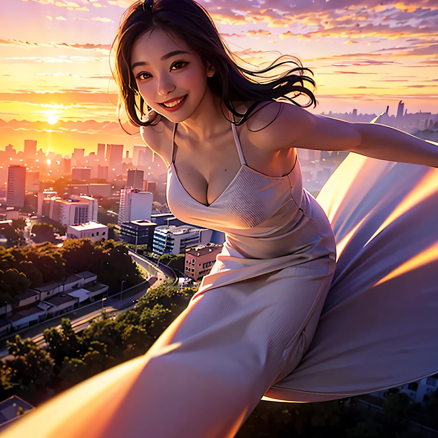 raw photo , 8K, ultra detailed, (realistic:1.2), (1girl:1.3), (long dress), (smile:1.4), (flying:1.6), cityscape, from above, (sunset:1.5)