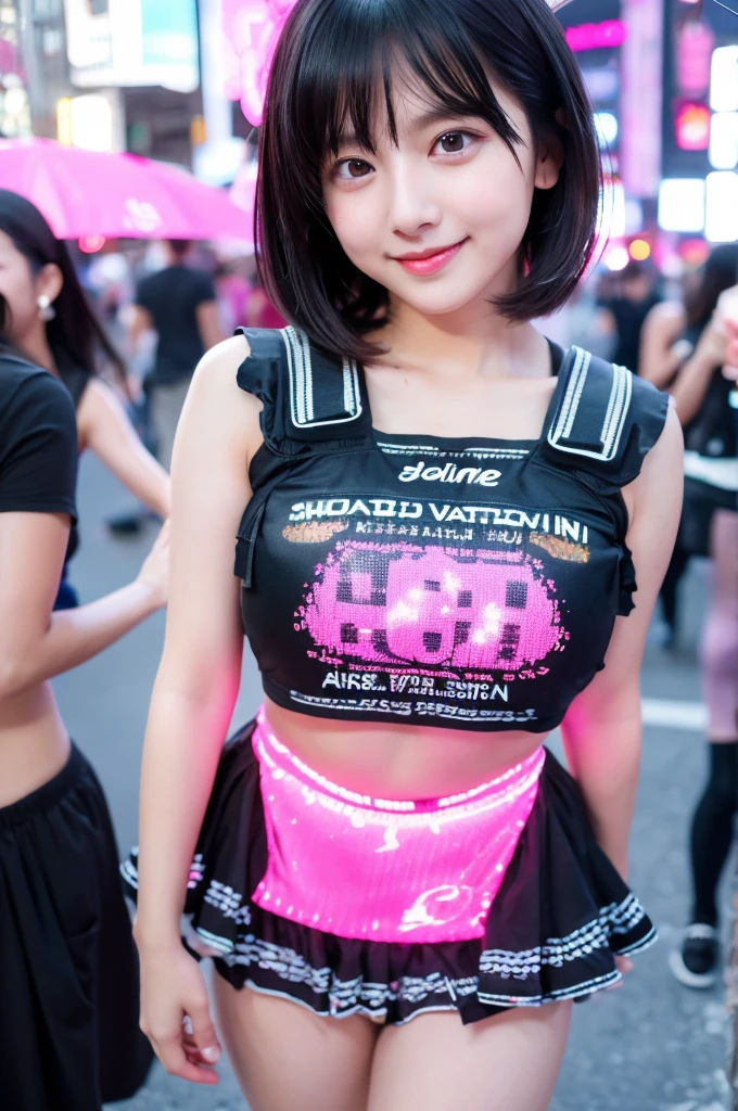 highest quality、8k Masterpiece、超A high resolution、(Photorealistic:1.3)、RAW Photos、1 girl、Black Hair、Glowing Skin、1. Super-beautiful Cyberpunk Soldiers、((Ultra-Realistic Details))、Portrait、Global Illumination、Shadow、Octane Rendering、8k、Super sharp、Beautiful breastetal、Cold colors、、Very intricate details、Realistic Light、CGSoation Trend、Beautiful Eyes、Shining Eyes、To the camera、Neon Details、26age、Very Short Hair、Obscene、wide shot、full body、smile、Healthy body、Futuristic girly stage costume、Cosplay、Moe、very cute、cute、pure、virgin、love、Idol、Pink Room、Street Style