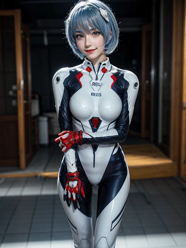 Masterpiece, highest quality, 8K, detailed skin texture, fine cloth texture, beautiful detailed face, intricate details, super detailed, portrait of Rei Ayanami, blue hair, red eyes, looking far away, no background, Evangelion Wearing a plug suit when riding, plug suit, whole body visible, standing, arms crossed, 15 years old, beautiful, cute, great style, smiling,composition that shows the whole body,
