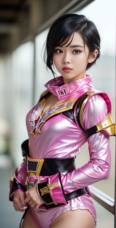 （8K、Raw photography、highest quality、masterpiece：1.2),(black haired、very short hair:1.8),(twin mitsu braid:1.4)、show viewer,Looking at the front,erotic,White skin,(Bishoujo Sentai、She is wearing a shiny pink ranger costume 。.:1.7)、()、(Clothing that emphasizes the shape of your chest、publish one&#39;skin:1.8)、(big breasts :1.4)、slim body shape、ultra high resolution,beautiful,beautiful fece,(alone、no background:1.9),whole bodyボディー,japanese woman,（Photoreal：1.37）、photon mapping,reality、(Baby-faced and cute: 1.1)、(cute smile: 1.7)、(With a round face: 1.7)、radio city、Physically based rendering、depth of field rally background、photograph, (I can see your knees,plaid skirt、spread your legs wide、close up of thighs:1.6),whole body、super fine