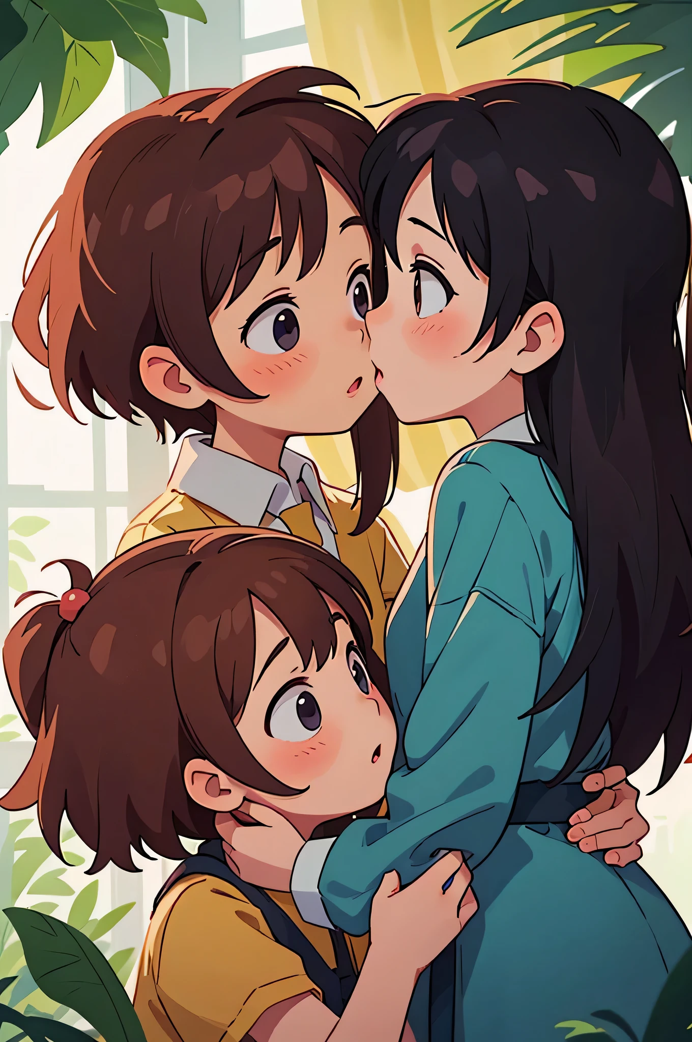 Two small young girls gazing into eachother's eyes longingly, about to kiss