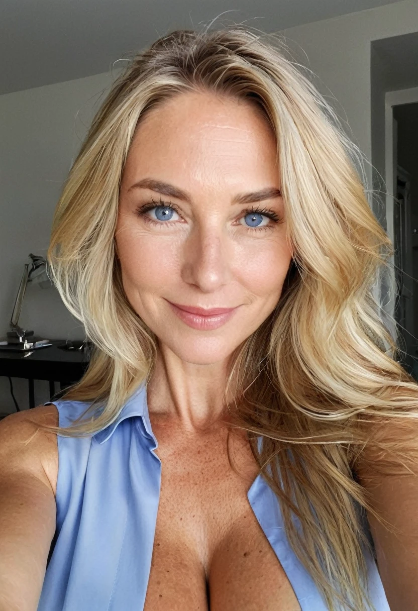 beautiful woman of 55 years old with blue eyes, blond with brown roots, hair in bun with tendrils, looking directly at the camera, very realistic, instagram selfie, closeup face, at home, dark polo shirt tucked into high-waist suitpants, white and navy blue professional clothes, clothes tight against body, clothes too tight, revealing figure, film grain, fit muscular body, big breasts, cleavage, focus on face, in love with the camera