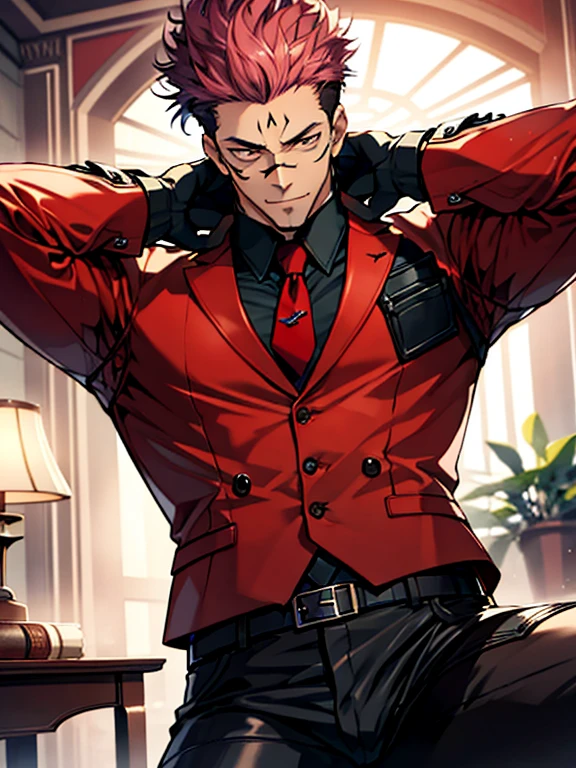 (masterpiece, best quality: 1.2), Solo, nsfw, male focus, 1boy, sukuna, tattoo_On_his_face, male, full bodyesbian, Red Leather jacket, Black Leather shirt, Leather pants, red Leather waistcoat, red Leather tie, Leather Gloves, Bulging muscles, A pink-haired, cow boy shot, 8K, super detailing, hands on penis, large erect penis over 10 inches length and 3 inches width, tight leather suit, inside the house,