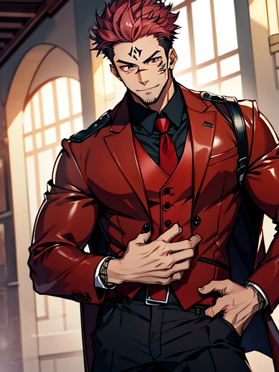 (masterpiece, best quality: 1.2), Solo, nsfw, male focus, 1boy, sukuna, tattoo_On_his_face, male, full bodyesbian, Red Leather jacket, Black Leather shirt, Leather pants, red Leather waistcoat, red Leather tie, Leather Gloves, Bulging muscles, A pink-haired, cow boy shot, 8K, super detailing, hands on penis, large erect penis over 10 inches length and 3 inches width, tight leather suit, inside the house,