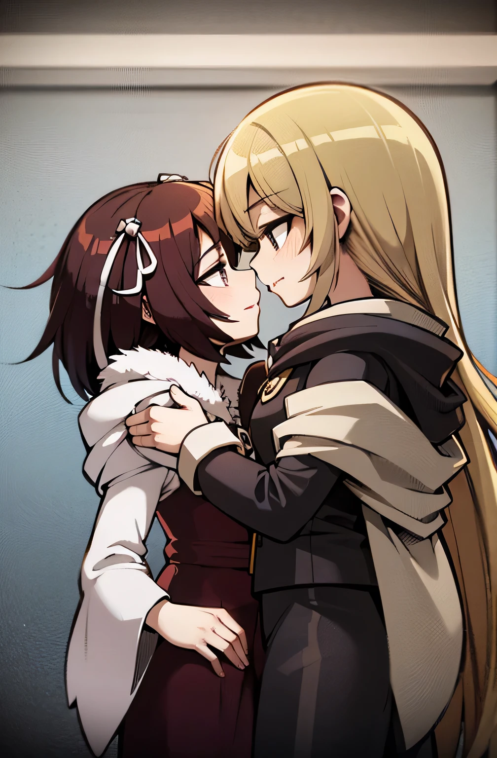 Two small young girls gazing into eachother's eyes longingly, about to kiss