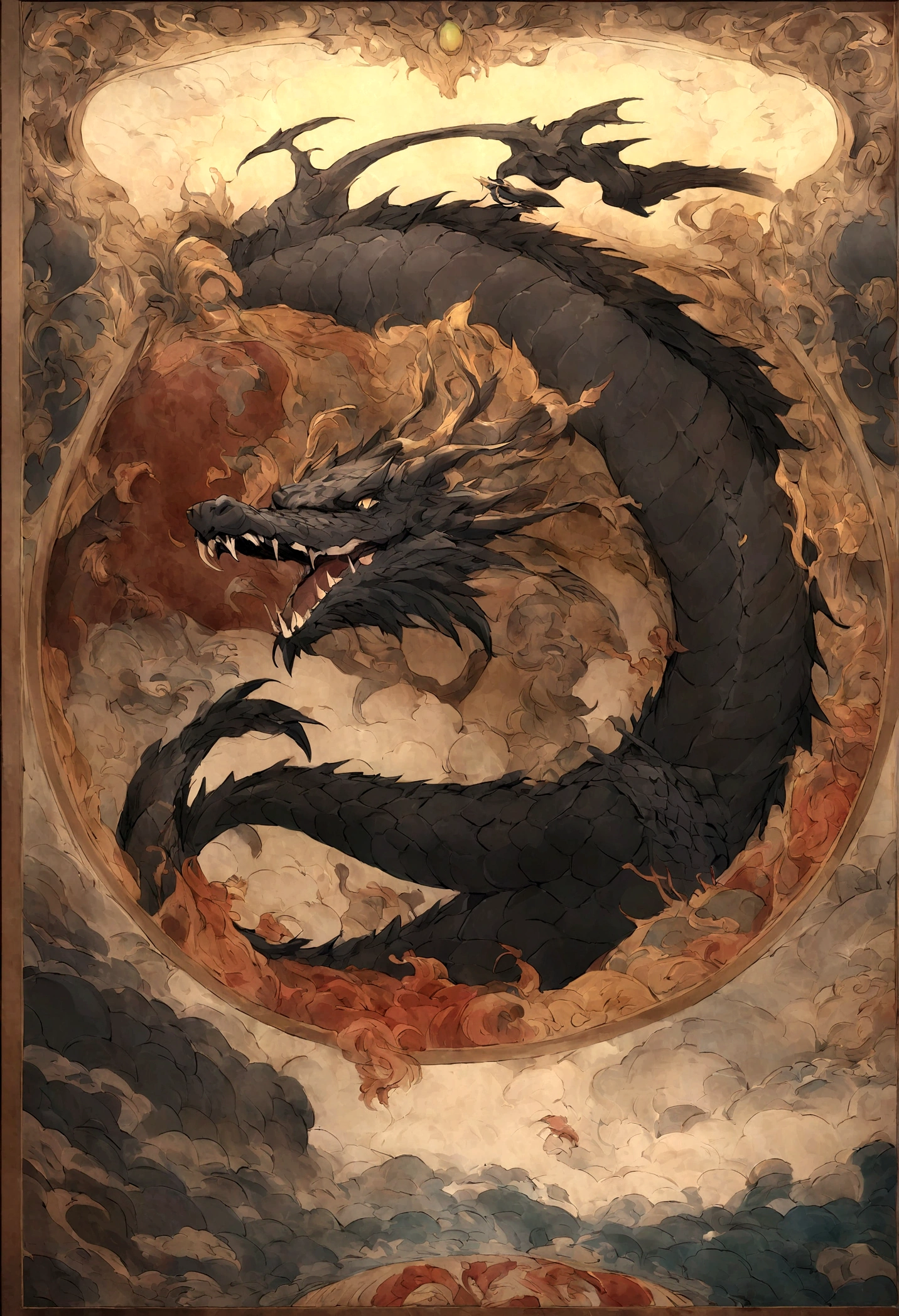 Mythical creatures,((Chinese mythological dragon)),Traditional Chinese Elements,Ancient murals,Examples of myths,The Legend of Fuyao,Spotted Light,Hazy haze,Mysterious Aura,masterpiece,Kilo,Rich in color,Detailed explanation,Black Dragon
