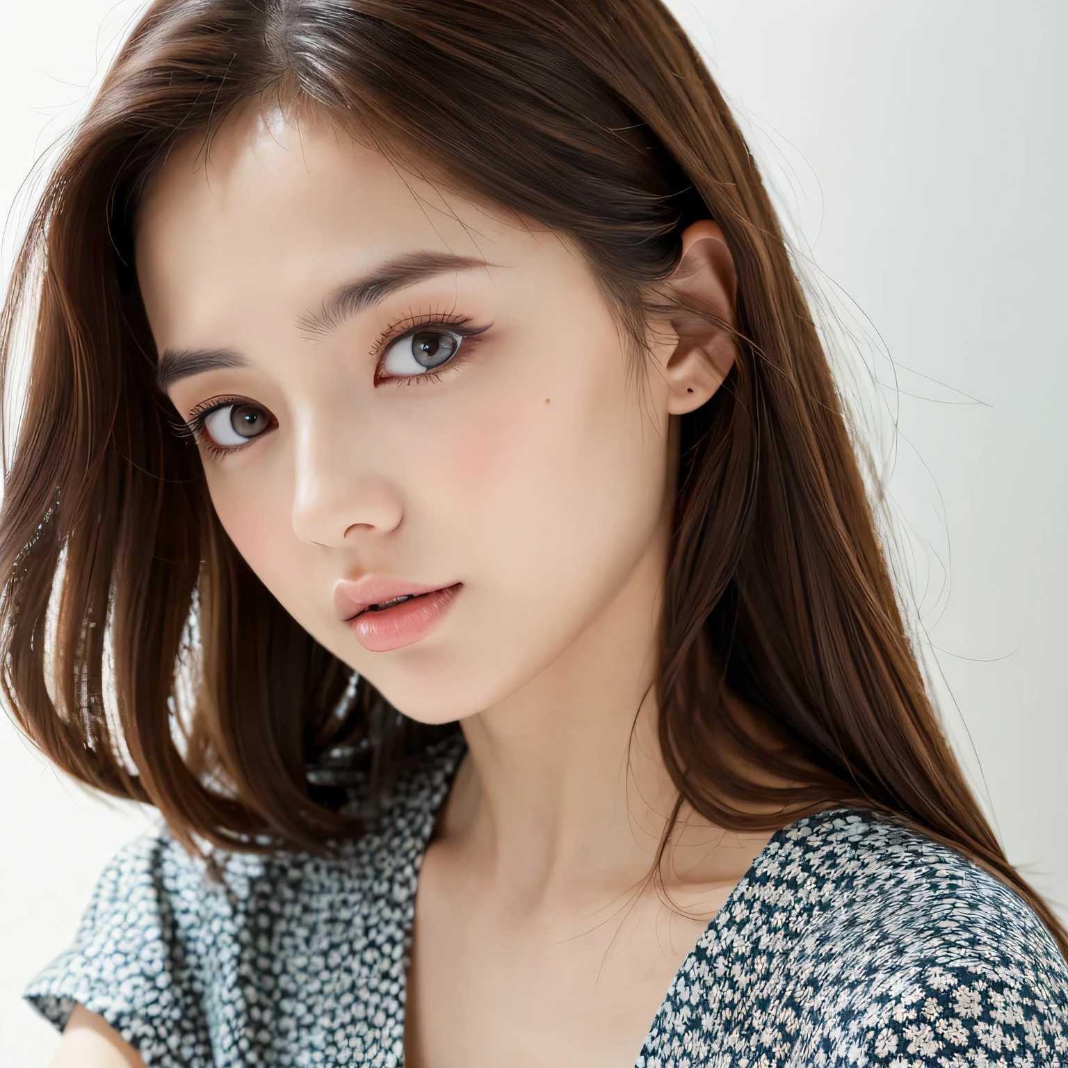 (Best quality, High resolution, Masterpiece :1.3), A pretty woman, Slender figure, Dark brown hair, shirt, white background, Highly detailed face and skin texture, Detailed eyes, Double eyelid