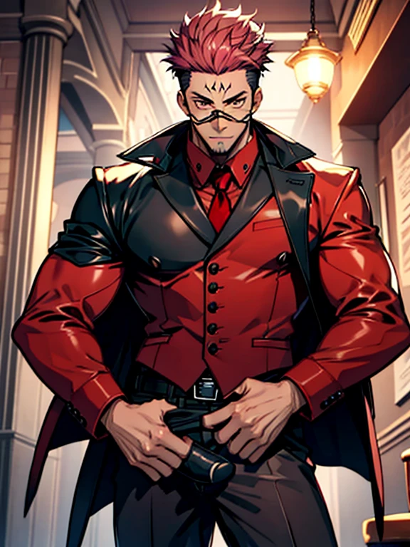 (masterpiece, best quality: 1.2), Solo, nsfw, male focus, 1boy, sukuna, tattoo_On_his_face, male, full bodyesbian, Red Leather jacket, Black Leather shirt, Leather pants, red Leather waistcoat, red Leather tie, Leather Gloves, Bulging muscles, A pink-haired, cow boy shot, 8K, super detailing, hands on penis, large erect penis over 10 inches length and 3 inches width, tight leather suit, inside the house,