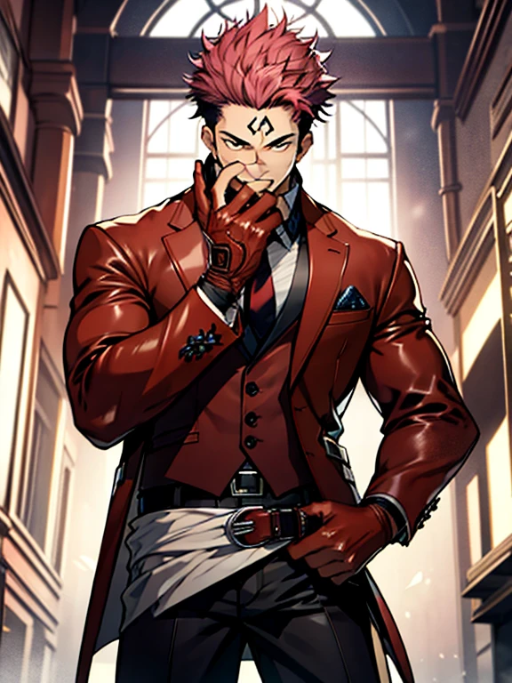 (masterpiece, best quality: 1.2), Solo, nsfw, male focus, 1boy, sukuna, tattoo_On_his_face, male, full bodyesbian, Red Leather jacket, Black Leather shirt, Leather pants, red Leather waistcoat, red Leather tie, Leather Gloves, Bulging muscles, A pink-haired, cow boy shot, 8K, super detailing, hands on penis, large erect penis over 10 inches length and 3 inches width, tight leather suit, inside the house,