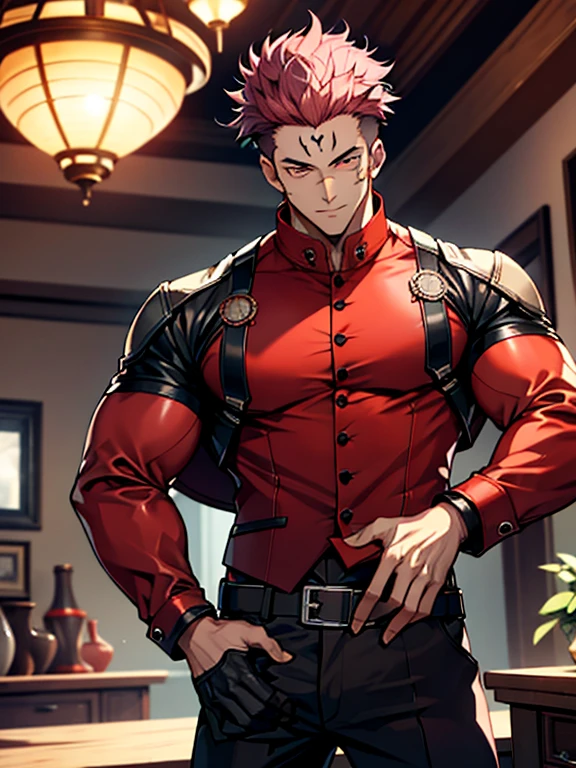 (masterpiece, best quality: 1.2), Solo, nsfw, male focus, 1boy, sukuna, tattoo_On_his_face, male, full bodyesbian, Red Leather jacket, Black Leather shirt, Leather pants, red Leather waistcoat, red Leather tie, Leather Gloves, Bulging muscles, A pink-haired, cow boy shot, 8K, super detailing, hands on penis, large erect penis over 10 inches length and 3 inches width, tight leather suit, inside the house,