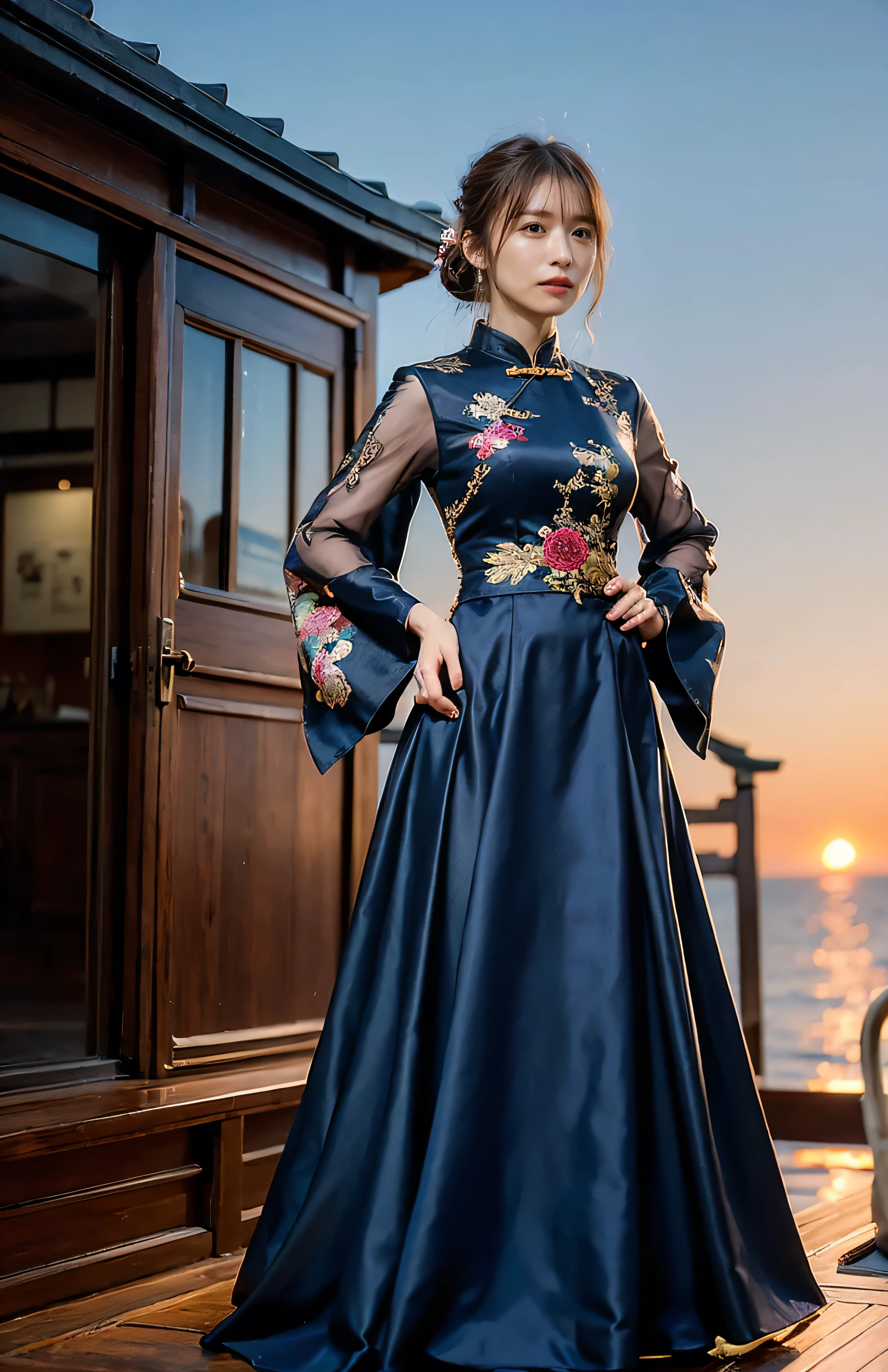 The sky turns red、A gorgeous silk cheongsam with elegantly tied hair、((Standing on a boat with hands on hips、Luxurious and shiny navy-colored Chinese dress with embroidered long skirt:1.4)).A luxurious and shiny silk cheongsam、A luxurious navy blue cheongsam with embroidery、Woman standing on a boat、Light brown hair、Elegant hairstyle、Blue Eyed Woman、A woman with a cute upward gaze、When the sky gets dark、The gentle light of the ship shines、The sky turns red as the sun sets、Tight clothing that shows your body lines、、Elegant navy blue summer knit、Elegant black summer sweater、Short skirt、Dress elegantly着こなす、Luxury Bagedium Shorthair:1.4))、Skyscrapers seen across the sea、Manhattan 私sland is visible offshore、Woman on a sightseeing boat、、The sun shines on her、Light brown hair、Light brown hair、The sky was dyed red、There are clouds、private's cute、An elegantly dressed woman is sitting on a boat and watching the sunset、Her ample breasts are obvious even through her clothes..、The shining sun is so beautiful、Dusk is approaching、Lens flare、I can see the sunset、((Sunlight reflecting off the ocean、Ocean View、The sun shines on the sea、'beautiful.、Small earrings、private'evening、Birds are also flying、、Brown Hair Color、Tying up hair、The woman is on the right:1.4))、Luxury Leather Belts、Shiny clothes、Light beige hair color、Background Blur、Braid only the front hair、Light brown hair、{{Cowgirl Shot}}、((Close-up shot from the waist up、Ample breasts:1.4))、Smile、Silk clothing、Ample breasts that can be seen even through clothes、Braid only the front hair、Cowboy Shot、Gorgeous white collared silk shirt and brown skirt、Dress elegantly、Luxury Bags、A lovely smile、((Ample breasts))、Full body photo、ring、Short skirt、Tuck your hair behind one ear、Silver Necklace、smile、 Elegant ponytail、Caustics、Highly detailed photos、Very beautiful and ideal short hair、Super no makeup、(8k、RAW Photos、highest quality、masterpiece:1.2)、(Realistic、Realistic)、1 girl、((Medium Short Hair、Looking into the camera:1.4))、Hair blowing in the wind
