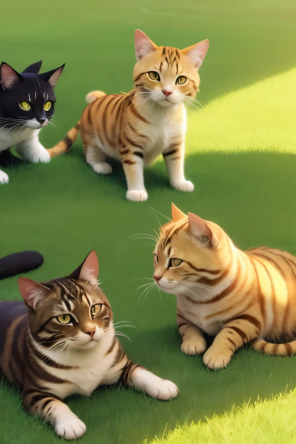 Cats bask comfortably in the sun on the grass.