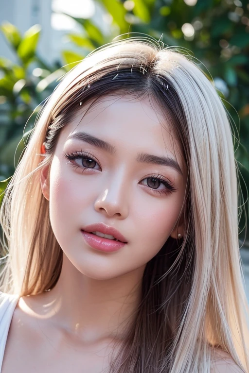 1 girl, Korean model, extremely beautiful, perfect body. Photo taken with Canon RF 85mm f/1.2 Camera, sharp mode for capturing people and landscape backgrounds. 8K photo quality, lifelike, masterpiece, sharpest and highest contrast, large depth of field, stereoscopic lighting. Her hair is pink, long and smooth, the wind blows it beautifully under the bright sunlight. Beautiful face, perfect and sexy, holy, perfectly proportioned, beautiful in every detail, ((shiny)), high-end cosmetic makeup. Bright smile, pure white teeth and details. Attractive glossy red lips, brilliant glossy red lipstick. Brown eyes, glossy, seductive, ((sharp makeup)), realistic, ((wet eyes)), detailed. Pink eyeshadow, long eyelashes, blush, high-end cosmetics. Two delicate eyelids, perfectly beautiful and detailed, black eyelashes. Eyebrows are curved, sparse, sharp and detailed. High and detailed nose. Cheeks are prominent and detailed. ((Bright white skin)), detailed pores, shiny skin, smooth skin. Long, shiny legs. Hands are beautiful, perfect, ((no flaws)), no defects. Yellow-black rays of light, ((lighting directly on the face)), sparkling sunlight, ((lighting on the front of the girl's body)). ((Close-up portrait of the girl's face))