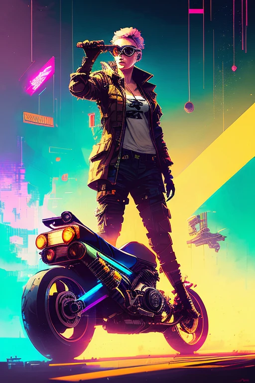 Style Snthwve Nvinkpunk Artwork in the anime style of Just🔥(American retro,street view,Loose long top,button shirt,cargo shorts,fat,american man,Wear sunglasses,Wear jewelry, ❤️,8K,Full body photography full body image as Sandman delirium, (hallucinating colorful soap bubbles), por jeremy mann, por sandra chevrier, por dave mckean e richard avedon e maciej kuciara, punk rock, tank girl, alto detalhado, 4k, RTX