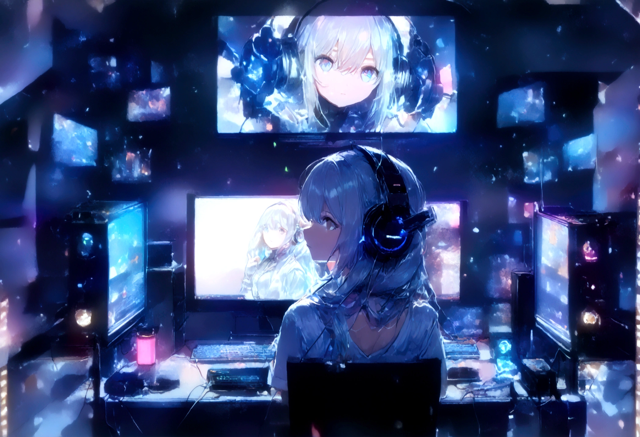 A room bright with LED lights, a female gamer, a simple and cute room, a beautiful and cute woman using a PC ((PC monitor only on one side)), blue and white theme, the room has white walls and blue LEDs in the four corners of the room There is a light, there is a woman from behind in the center of the screen, 8k, super sharp focus, (((Increase screen ratio for women))), woman looking at a PC from behind in the center, headphones, microphone, neon, black Lights, masterpieces, top quality, volume lighting, bright and fun atmosphere,