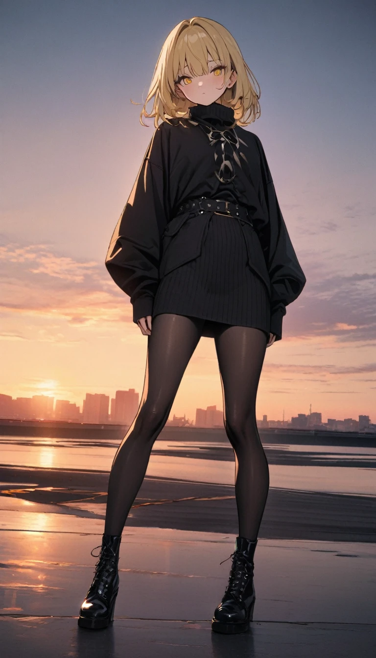 masterpiece, best quality,
a handsome girl, 30 years old, solo,
blond hair, yellow cute eyes, no expression,
cool fashion, ((black tights)), legs, full body,
sunrise,