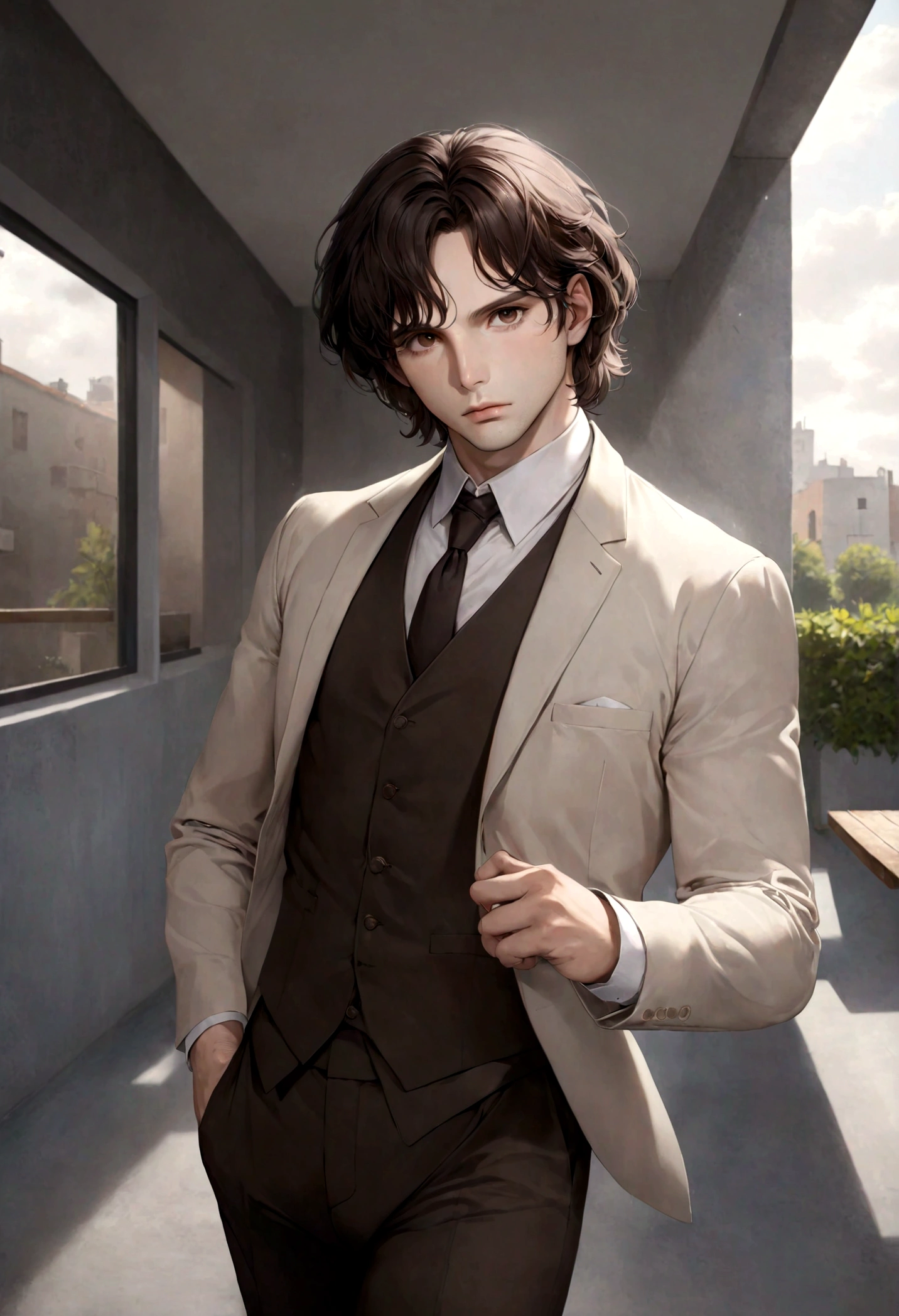 (traje deportivo para hombre), ), (con barba rasurada,) (ojos color cafe claro), Aspecto atractivo y serio, Dark brown hair, Elegante y con estilo, Un hombre similar al actor Jim Morrison, (Imagen realista y de alta calidad), Apartamento escandinavo en el fondo en el parque, ((La mejor calidad, 8K, obra maestra).((dynamic pose))