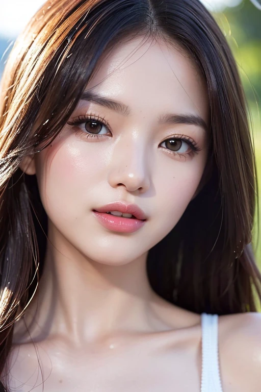 1 girl, Vietnamese model, Central region, extremely beautiful, perfect body. Photo taken with Canon RF 85mm f/1.2 Camera, sharp mode for capturing people and landscape backgrounds. 8K photo quality, lifelike, masterpiece, sharpest and highest contrast, large depth of field, stereoscopic lighting. Her hair is pink, long and smooth, the wind blows it beautifully under the bright sunlight. Beautiful face, perfect and y, holy, perfectly proportioned, beautiful in every detail, ((shiny)), high-end cosmetic makeup. Bright smile, pure white teeth and details. Attractive glossy red lips, brilliant glossy red lipstick. Brown eyes, glossy, seductive, ((sharp makeup)), realistic, ((wet eyes)), detailed. Pink eyeshadow, long eyelashes, blush, high-end cosmetics. Two delicate eyelids, perfectly beautiful and detailed, black eyelashes. Eyebrows are curved, sparse, sharp and detailed. High and detailed nose. Cheeks are prominent and detailed. ((Bright white skin)), detailed pores, shiny skin, smooth skin. Long, shiny legs. Hands are beautiful, perfect, ((no flaws)), no defects. Yellow-black rays of light, ((lighting directly on the face)), sparkling sunlight, ((lighting on the front of the girl's body)). ((Close-up portrait of the girl's face))