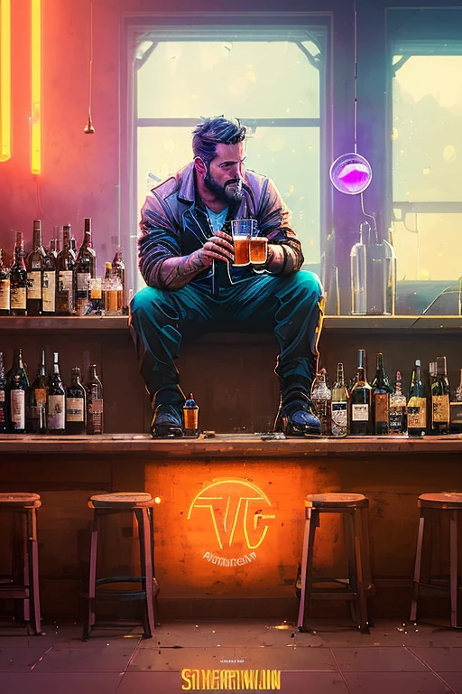Style Snthwve Nvinkpunk Artwork in the anime style of Just🔥(Create an ultra-realistic 8K photo depicting a man with obesity seated inside a cozy, dimly lit bar. He should be captured in the midst of savoring a cold beer, with the amber liquid and condensation on the glass visible. The man should be dressed in vivid red clothes, providing a stark contrast against the rustic and darker tones of the bar's ambiance. His posture should communicate a sense of relaxation and contentment, perhaps lost in thought or simply enjoying his drink.
The environment of the bar should be rich in detail, from the polished wooden counters to the ambient lighting that casts a soft glow on the bar's various elements, including bottles, taps, and possibly other patrons in the background, though out of focus.
The image composition should be in Full HD with every detail - from the texture of the man's clothes, the bubbles in the beer, to the nuances of his facial expressions - captured with absolute clarity. Use a high-end lens such as the Zeiss Otus series for superior sharpness and resolution.
Emphasize a shallow depth of field to focus on the man and his immediate surroundings, subtly blurring out the more distant background. The lighting should be soft and warm, enhancing the inviting nature of the bar and highlighting the textures and details of the man, his drink, and his environment.
--ar 16:9 --quality 2 --chaos 10, ❤️,8K,Full body photography full body image as Sandman delirium, (hallucinating colorful soap bubbles), por jeremy mann, por sandra chevrier, por dave mckean e richard avedon e maciej kuciara, punk rock, tank girl, alto detalhado, 4k, RTX
