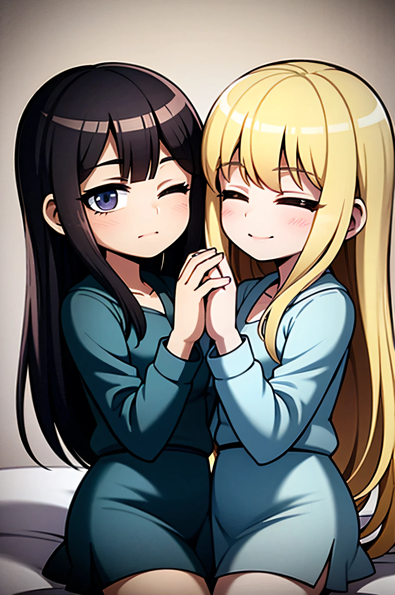 Two small young girls kissing on bed, eyes closed, holding eachother's face