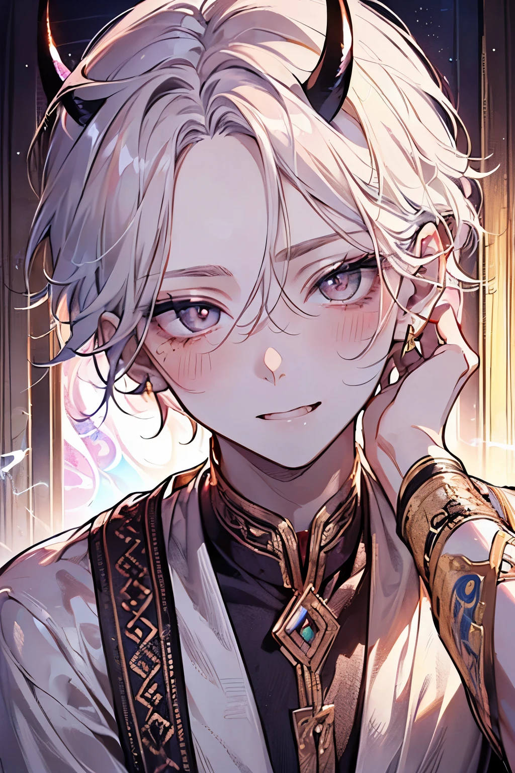 ((male:1.5)),((short hair:1.2)),((lightning hair:1.3)),(Shiny marble eyes:1.45),(forehead mark),((Devil horns:1.2)),(Creamy face:1.4),((blush、Excited face:1.2)),((Calm room:1.25)),((Gorgeous Arabian costume:1.3)),(hand to own cheek:1.2),((upper body:1.4)),