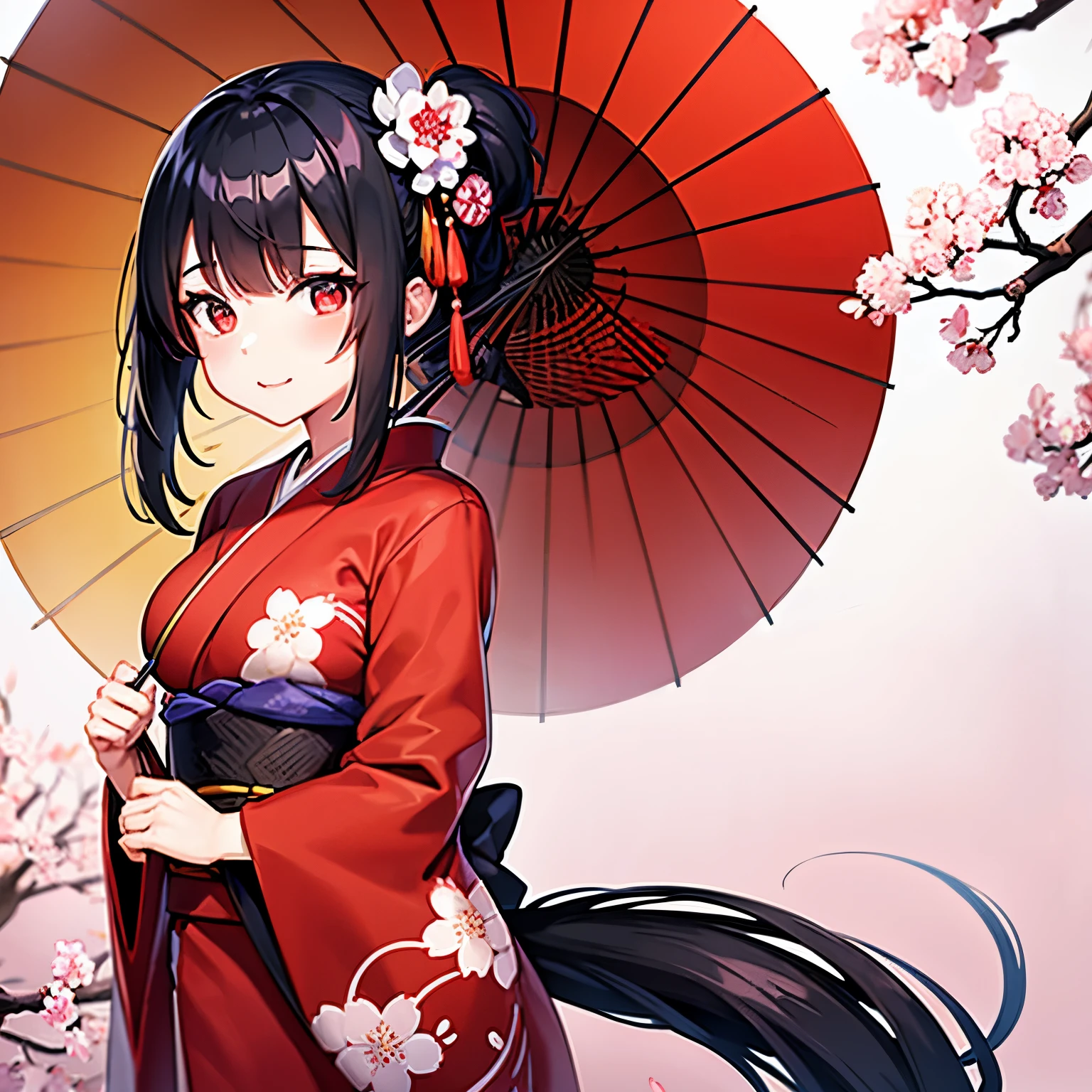 Girl with black hair, ponytail, red eyes, in kimono, Japanese umbrella, sakura blossom, cherry blossoms, kimono, medium boobs,