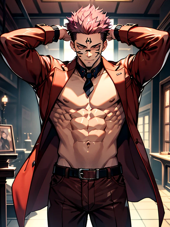 (masterpiece, best quality: 1.2), Solo, nsfw, male focus, 1boy, sukuna, tattoo_On_his_face, male, full bodyesbian, Red Leather jacket, Black Leather shirt, Leather pants, red Leather waistcoat, red Leather tie, Leather Gloves, Bulging muscles, A pink-haired, cow boy shot, 8K, super detailing, hands jerking off penis, cum covered chest, large erect penis over 10 inches length and 3 inches width, tight leather suit, inside the house,
