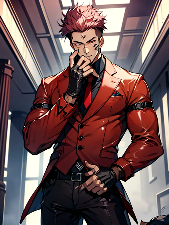 (masterpiece, best quality: 1.2), Solo, nsfw, male focus, 1boy, sukuna, tattoo_On_his_face, male, full bodyesbian, Red Leather jacket, Black Leather shirt, Leather pants, red Leather waistcoat, red Leather tie, Leather Gloves, Bulging muscles, A pink-haired, cow boy shot, 8K, super detailing, hands on penis, large erect penis over 10 inches length and 3 inches width, tight leather suit, inside the house,