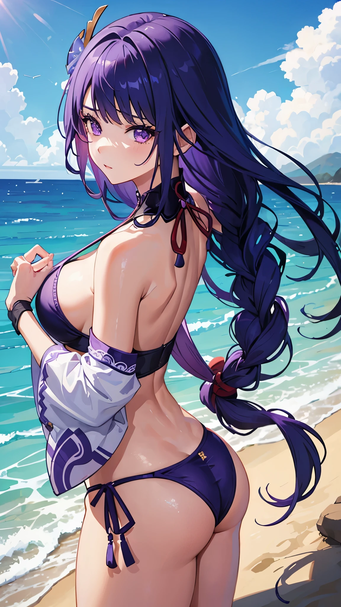 1girl,raiden shogun,on the beach,purple bikini,nfsw,sexy,ass,