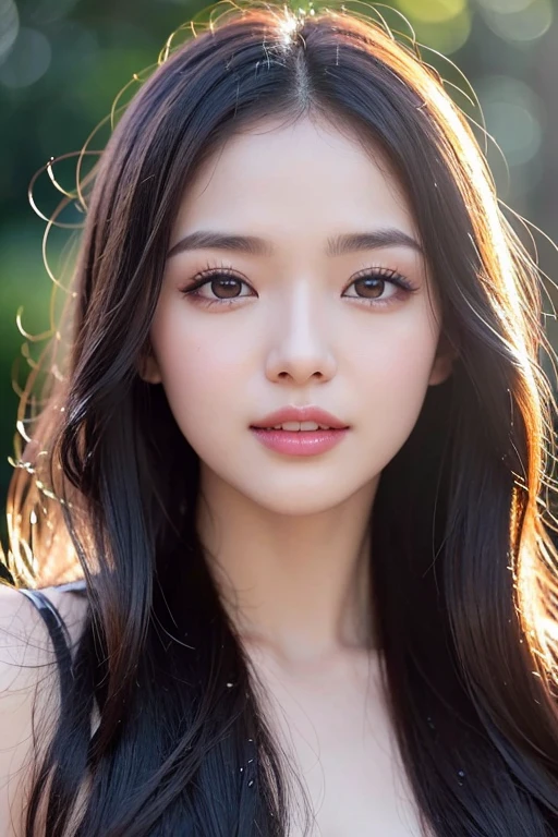 1 girl, Asian model, extremely beautiful, perfect body. Photo taken with Canon RF 85mm f/1.2 Camera, sharp mode for capturing people and landscape backgrounds. 8K photo quality, lifelike, masterpiece, sharpest and highest contrast, large depth of field, stereoscopic lighting. Her hair is pink, long and smooth, the wind blows it beautifully under the bright sunlight. Beautiful face, perfect and sexy, holy, perfectly proportioned, beautiful in every detail, ((shiny)), high-end cosmetic makeup. Bright smile, pure white teeth and details. Attractive glossy red lips, brilliant glossy red lipstick. Brown eyes, glossy, seductive, ((sharp makeup)), realistic, ((wet eyes)), detailed. Pink eyeshadow, long eyelashes, blush, high-end cosmetics. Two delicate eyelids, perfectly beautiful and detailed, black eyelashes. Eyebrows are curved, sparse, sharp and detailed. High and detailed nose. Cheeks are prominent and detailed. ((Bright white skin)), detailed pores, shiny skin, smooth skin. Long, shiny legs. Hands are beautiful, perfect, ((no flaws)), no defects. Yellow-black rays of light, ((lighting directly on the face)), sparkling sunlight, ((lighting on the front of the girl's body)). ((Close-up portrait of the girl's face))