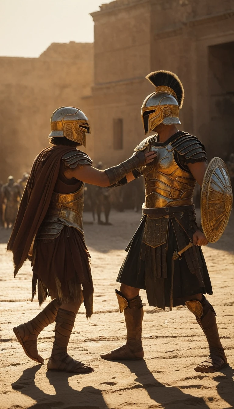 As the sun began to set, The warm golden hues of the sun illuminated his ornate attire, casting a warm glow across the area, Ground-level shot, Intense gladiator duel, set in ancient Rome, historical painting, background dark, hyper realistic, ultra detailed hyper realistic, photorealistic, Studio Lighting, reflections, dynamic pose, Cinematic, Color Grading, Photography, Shot on 50mm lens, Ultra-Wide Angle, Depth of Field, hyper-detailed, beautifully color, 8k, golden light from the front, scene from dune 2 0 2 1 movie, film still from dune 2020, prince of egypt, in screenshot from the 300 movie