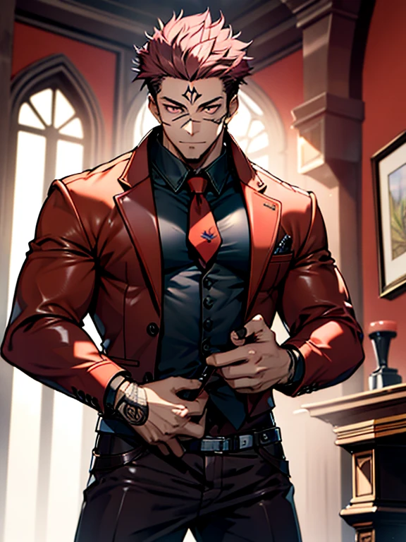 (masterpiece, best quality: 1.2), Solo, nsfw, male focus, 1boy, sukuna, tattoo_On_his_face, male, full bodyesbian, Red Leather jacket, Black Leather shirt, Leather pants, red Leather waistcoat, red Leather tie, Leather Gloves, Bulging muscles, A pink-haired, cow boy shot, 8K, super detailing, hands jerking off penis, cum covered chest, large erect penis over 10 inches length and 3 inches width, tight leather suit, inside the house,